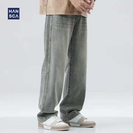 hansca牛仔裤男直筒宽松春季潮牌水洗做旧宽松大码灰色休闲长裤子商品大图