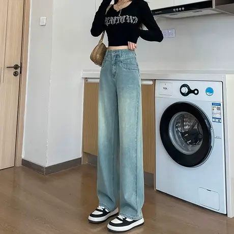 复古阔腿牛仔裤女春季新款设计感高腰宽松显瘦百窄版直筒拖地长裤商品大图