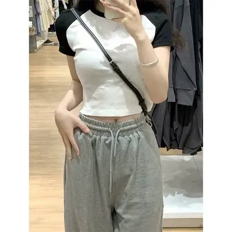 黑白撞色插肩短袖T恤女夏季2024新款韩版修身显瘦百搭纯棉上衣服商品大图