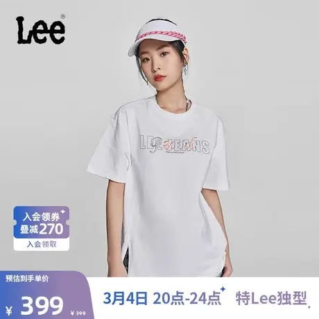Lee商场同款24早春新品男友风白色双层图案侧开叉设计女短袖T恤图片