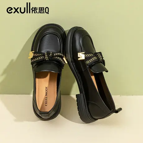 依思q小皮鞋女春季鞋子女2024新款英伦风乐福鞋女黑色蝴蝶结单鞋商品大图