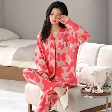婷美2023年新款睡衣女士春秋季纯棉长袖开衫V领高颜值家居服套装商品大图