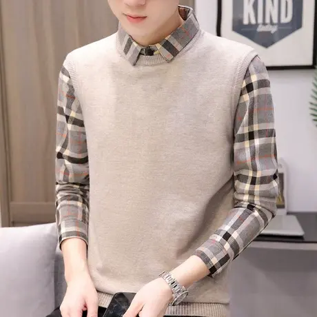 ins毛衣男秋冬季衬衫领针织衫男装韩版潮流假两件长袖t恤潮牌线衣商品大图