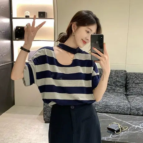 大码女装条纹短袖t恤女夏季新款胖mm设计感小众显瘦遮肉200斤上衣图片