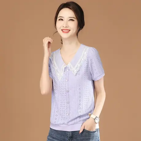 韩潮袭人娃娃领镂空短袖雪纺衫女2023夏季新款休闲蕾丝T恤上衣薄商品大图