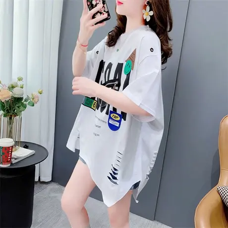 设计感不规则短袖t恤女2023夏季新款宽松欧版大码中长款洋气上衣商品大图