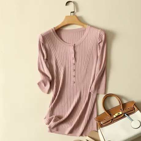 针织衫女圆领上衣春装2022年新款七分袖打底衫春秋T恤薄款女内搭商品大图