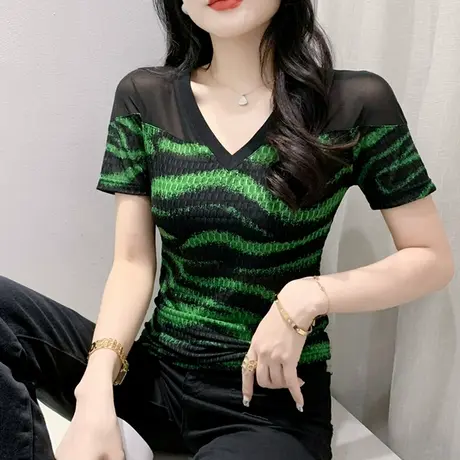网纱拼接短袖T恤女士夏装新款时尚斑马纹印花小衫性感V领气质上衣商品大图