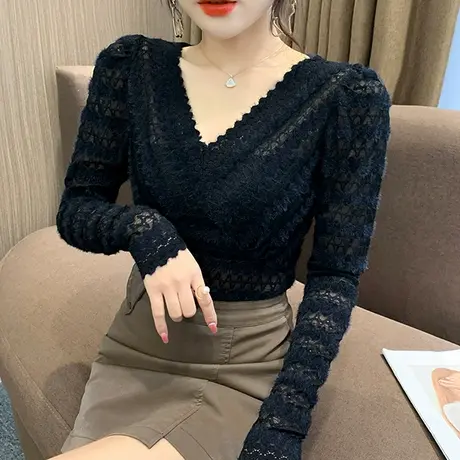 欧货性感V领蕾丝衫女2023春秋新款镂空洋气长袖上衣紧身打底衫潮图片
