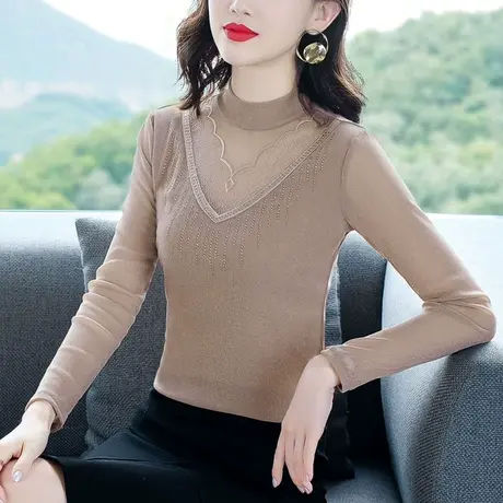 漂亮打底衫女秋冬洋气2023新款时尚个性加绒加厚内搭蕾丝上衣长袖商品大图
