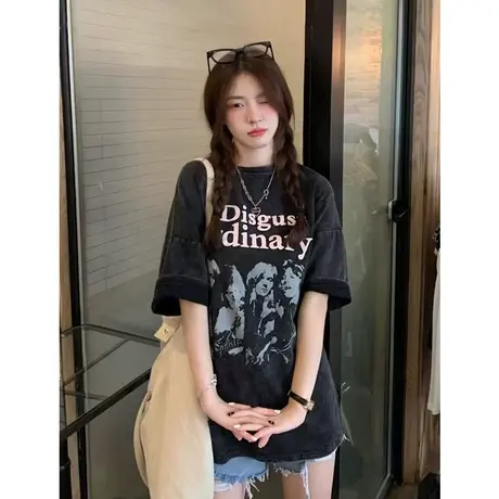 水洗做旧短袖t恤女2023夏季新款美式复古设计感小众半袖宽松上衣商品大图