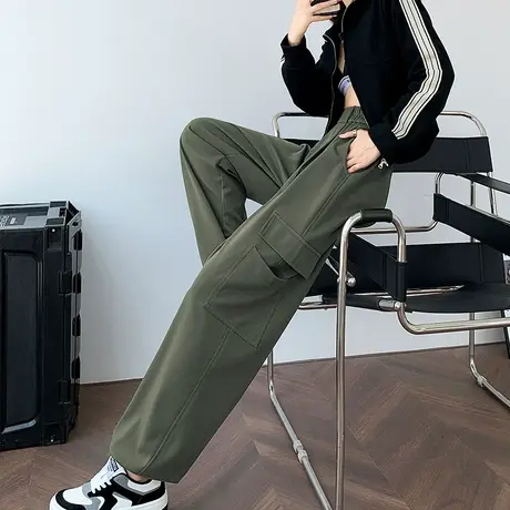 军绿色工装裤女2023新款秋季高腰垂感阔腿裤宽松小个子束脚灯笼裤商品大图