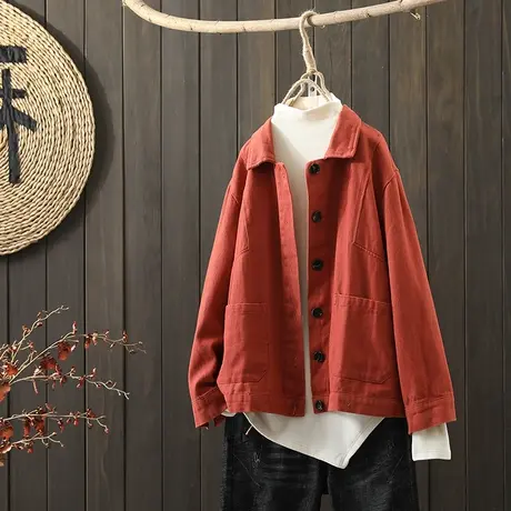 枫谜2021年秋装新款文艺简约全棉翻领短外套女宽松休闲夹克上衣图片