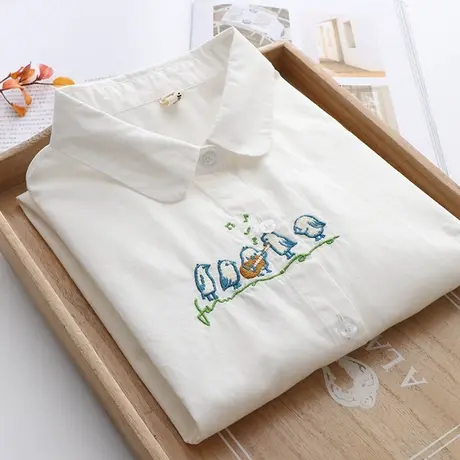 百搭纯棉白色衬衫女长袖上衣2021年春季新款学生文艺刺绣全棉衬衣图片