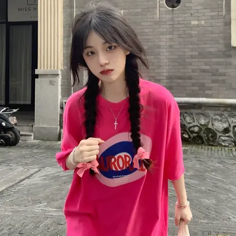 玫红色显白短袖t恤女夏薄款宽松oversize日系古着感少女半袖上衣商品大图