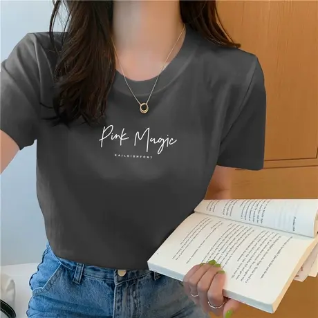 夏季圆领T恤女短袖宽松纯棉上衣2023新款夏装基础款字母印花体恤商品大图