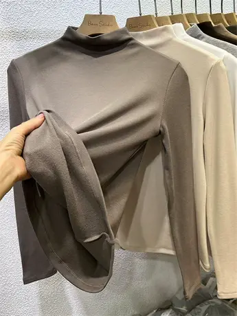 磨毛加薄绒螺纹长袖T恤女2022秋冬洋气韩版半高领内搭打底衫上衣图片