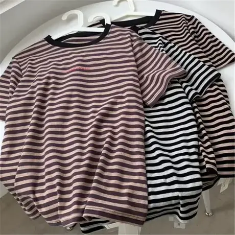 纯棉条纹磨毛短袖T恤女韩版宽松打底衫春秋慵懒上衣条纹控打底T恤商品大图