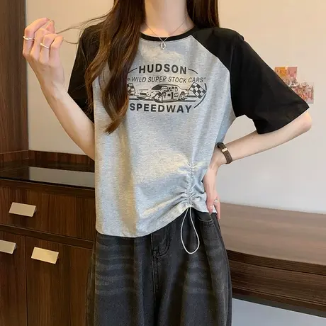 灰色高级感正肩短袖T恤女夏季辣妹风设计感小众撞色插肩袖上衣ins商品大图
