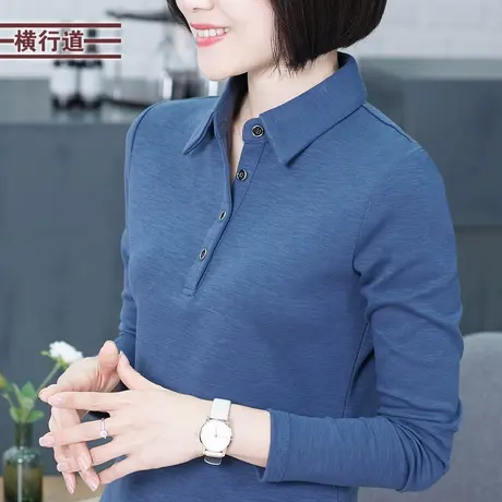 横行道季竹节棉妈妈中年翻领上衣女衬衫领长袖t恤纯棉打底衫宽松商品大图