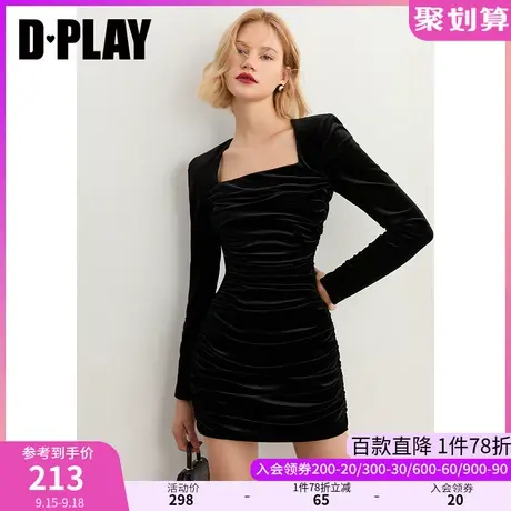 DPLAY早秋装新复古法式丝绒连衣裙轻熟复古方领高腰修身小黑裙图片