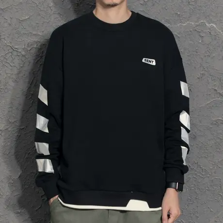 2021冬季新款卫衣男宽松加绒假两件圆领套头青年百搭休闲外套潮牌商品大图