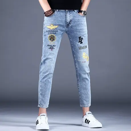2023男士春秋新款九分牛仔裤男男款刺绣花修身小脚9分裤子男潮牌商品大图