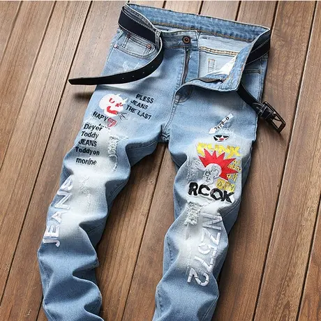 破洞贴补时尚潮流牛仔裤男弹力修身小直筒长裤子男个性深色哈伦风商品大图