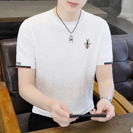 小蜜蜂刺绣针织t恤男潮牌夏装薄冰丝红色短袖冰麻T恤上衣高端体桖商品大图