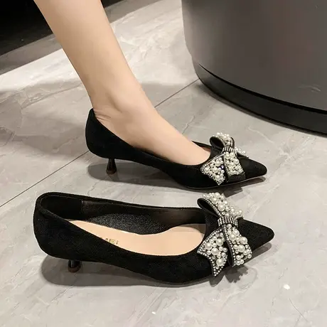 高跟鞋女新款春季2023年绒面尖头浅口单鞋黑色气质职业一脚蹬女鞋商品大图