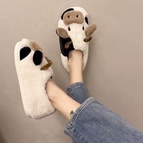 可爱卡通奶牛棉拖鞋女秋冬季居家用室内防滑包跟保暖毛绒月子棉鞋商品大图