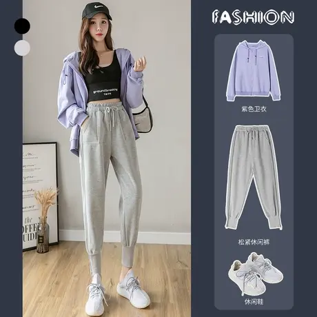 ins超火侧拉链卫裤女2024春季加厚灰色运动裤女宽松束脚网红裤子图片