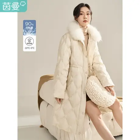 茵曼中长款保暖型羽绒服女冬装新款简约菱形格纯色腰部抽橡筋商品大图