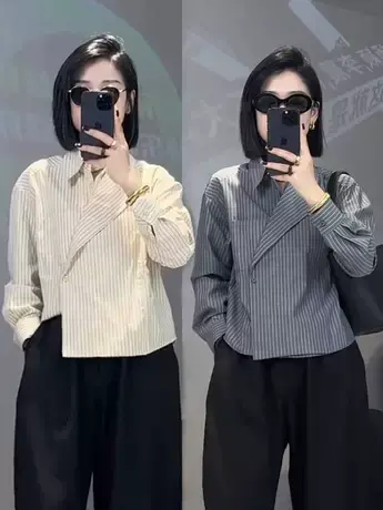 长袖条纹衬衫女欧洲站秋季西装领宽松衬衣减龄高档蓝灰色别致上衣商品大图