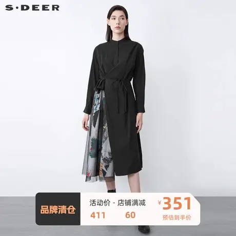 sdeer圣迪奥女装时尚圆领收腰撞色印花网纱拼接连衣裙S21481229图片