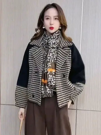 2023秋冬双面呢韩版格子短开衫夹克欧货千鸟格拼接撞色复古外套女商品大图