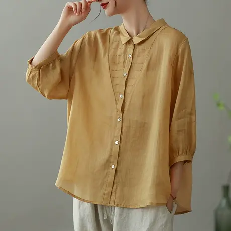 dza 复古纯色苎麻衬衫女2023夏薄款翻领衬衣宽松显瘦棉麻开衫上衣图片