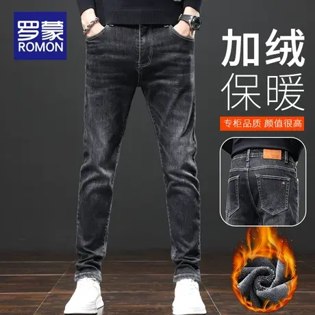 罗蒙加绒加厚牛仔裤男士冬季新款修身直筒男裤秋冬款休闲长裤子男商品大图