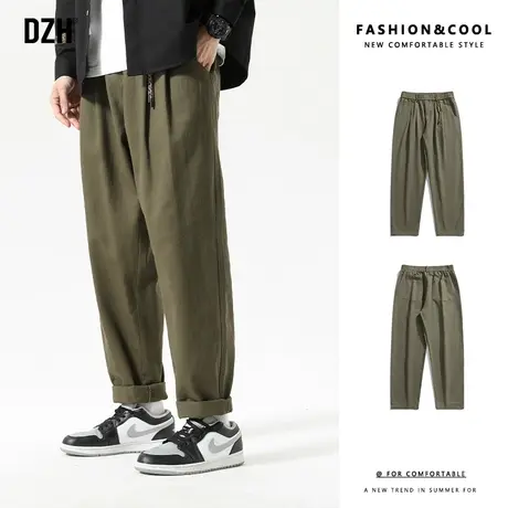男士军绿色休闲裤男直筒纯棉裤子男款秋季2023新款潮牌美式宽松裤商品大图