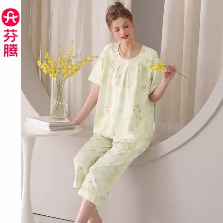 芬腾纯棉睡衣女士夏季短袖七分裤薄款凉感宽松休闲家居服夏天套装商品大图