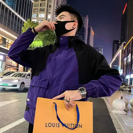 美式撞色连帽冲锋衣外套潮牌痞帅INS户外工装运动防风机车夹克男商品大图