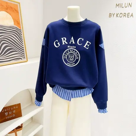 韩代同款~2023秋季小众设计感穿搭美式复古字母衬衫拼接长袖卫衣商品大图