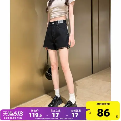 唐狮春夏季新款牛仔短裤女宽松高腰显瘦毛边设计感文艺百搭破洞商品大图