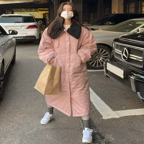 冬装新款羊羔毛领子棉衣女过膝长款韩版宽松大码压棉棉服时尚棉袄图片