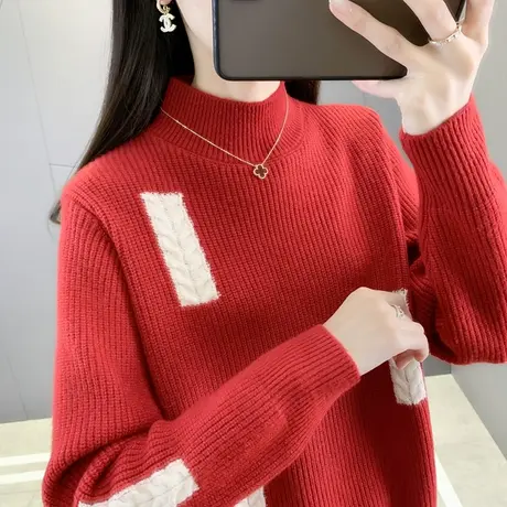 半高领打底衫女秋冬洋气内搭2023新款冬季加厚毛衣宽松短款针织衫商品大图