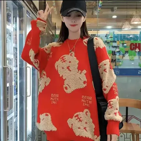 虎年本命年国潮喜庆老虎红色长袖毛衣女潮2023新款春季针织衫上衣图片