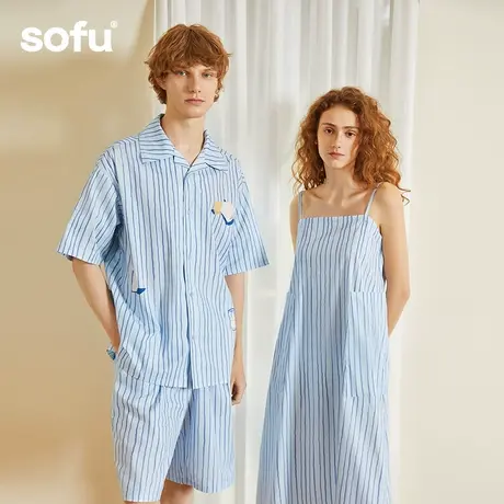 sofu短袖衬衫家居服套装男休闲可外穿女款ins蓝色条纹吊带睡裙女商品大图