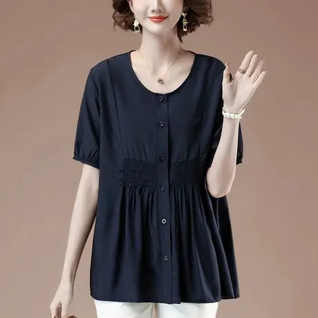 雪纺衬衫女短袖夏季新款加肥加大码女装宽松中年妈妈圆领显瘦上衣商品大图