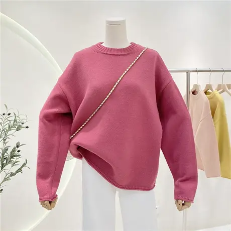 复古圆领卷边纯色毛衣女2022秋冬新款百搭宽松休闲针织打底衫上衣商品大图