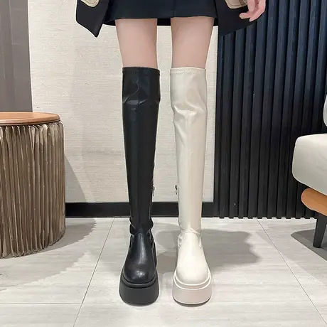 过膝长筒靴女秋2023新款网红复古显瘦高筒靴小个子厚底增高骑士靴商品大图